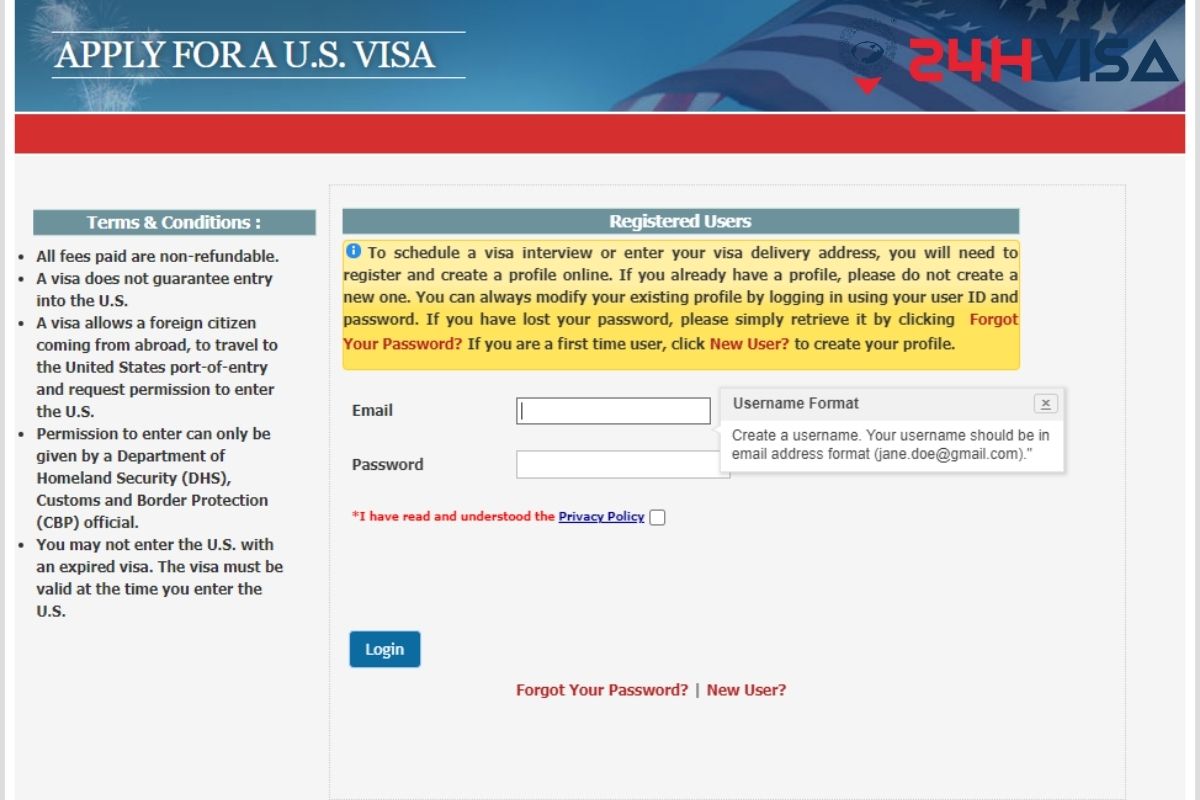 Đăng nhập vào hệ thống nộp đơn gia hạn Visa Mỹ online