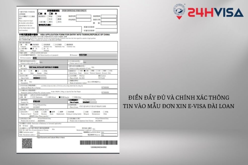 Điền đầy đủ và chính xác thông tin vào mẫu đơn xin E-Visa Đài Loan