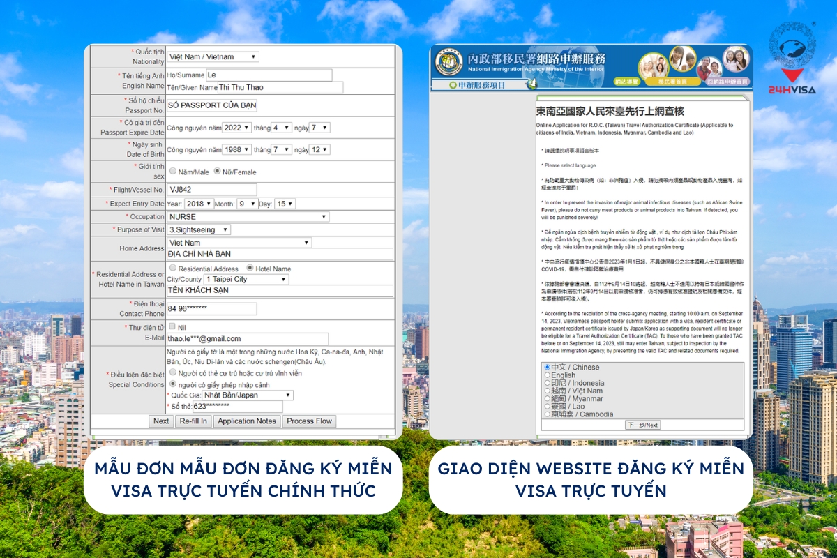 Mẫu đơn và giao diện website đăng ký miễn Visa trực tuyến