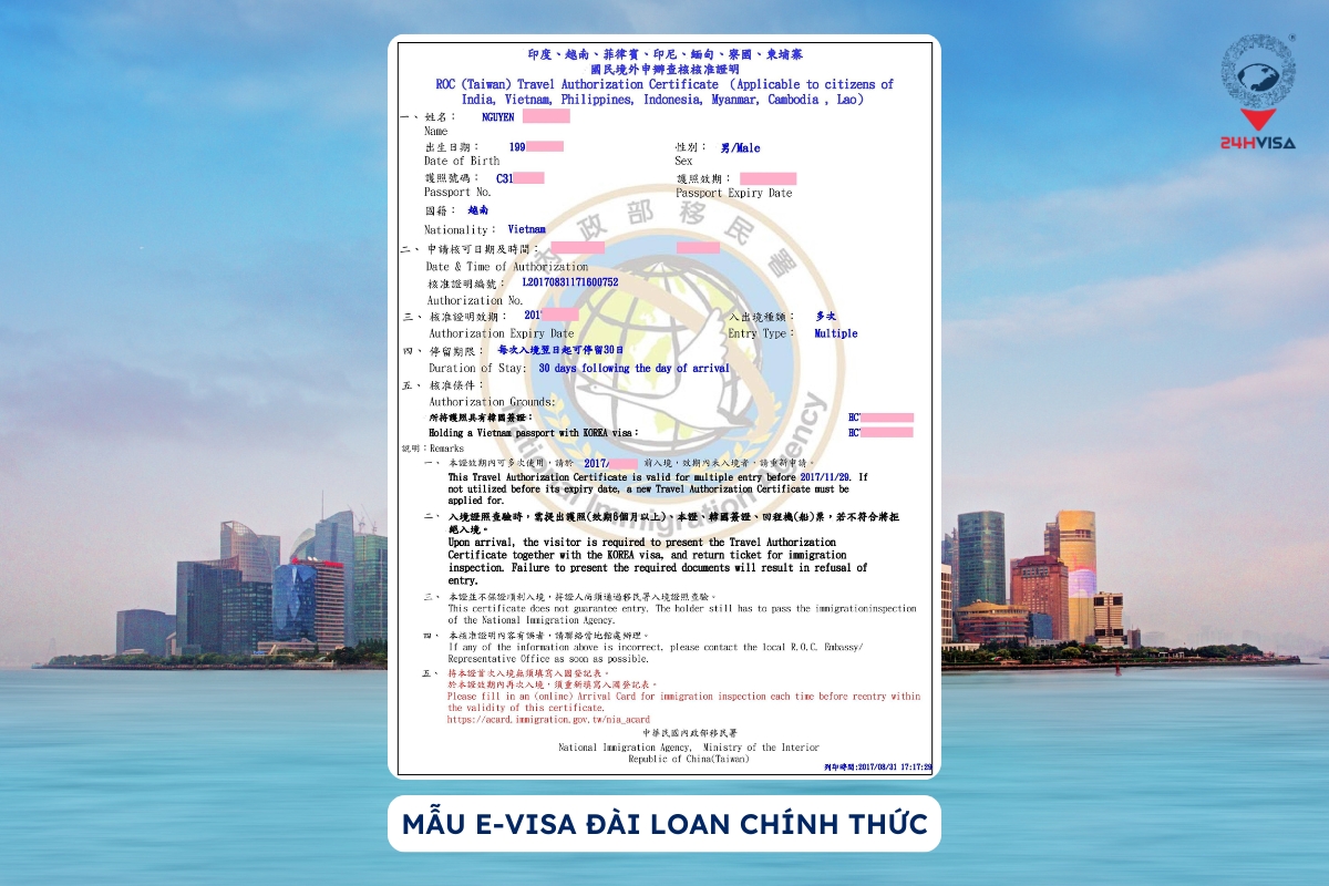 Mẫu E-Visa Đài Loan chính thức