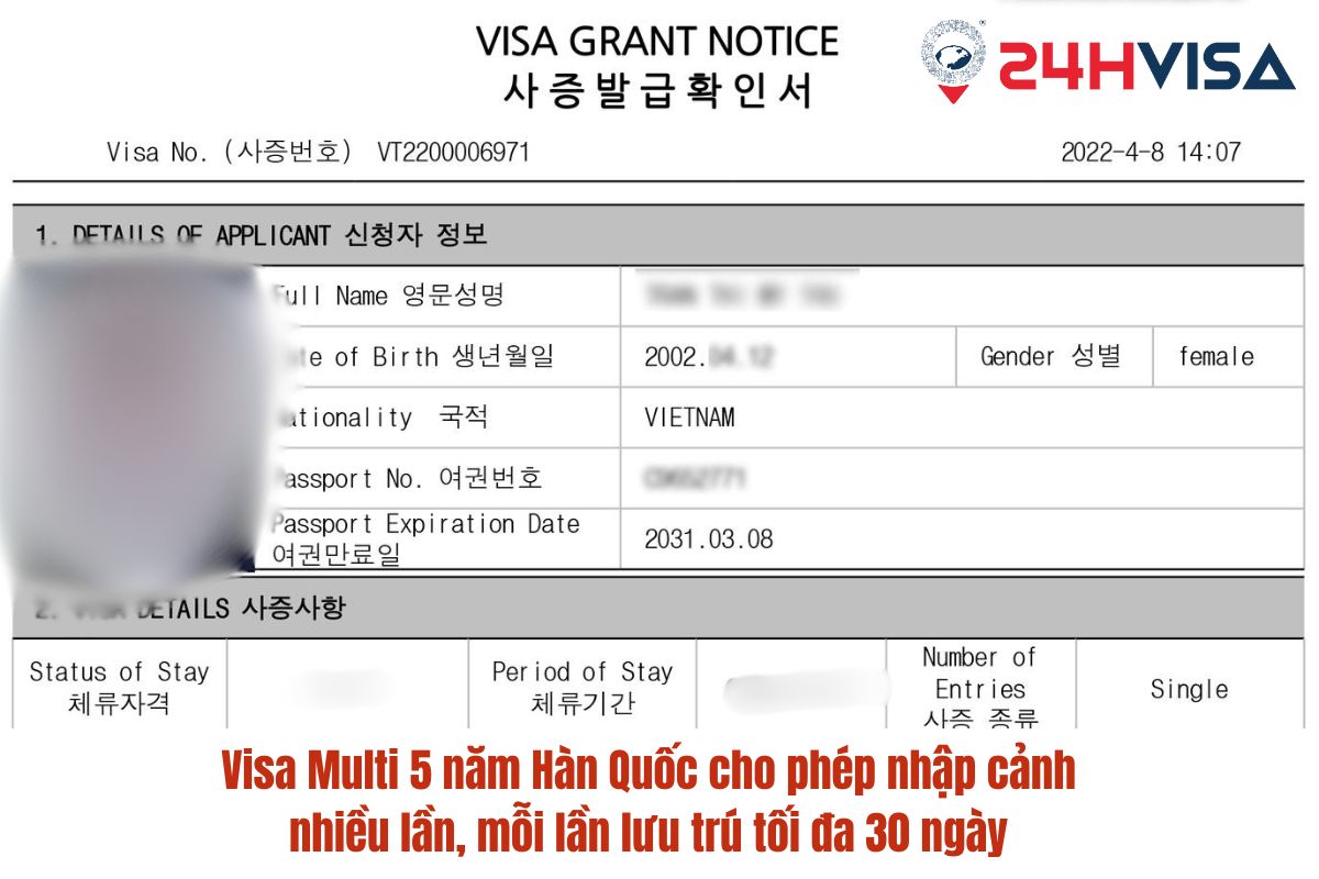 Visa Multi 5 năm Hàn Quốc